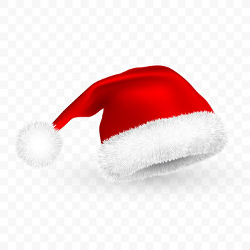 Red Santa Claus hat isolated on transparent background. Gradient mesh Santa Claus cap with fur. Vector illustration