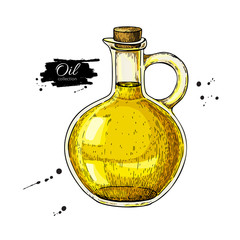 Oil bottle drawing. Vector glass pitcher with cork stopper. Hand drawn colorful jug