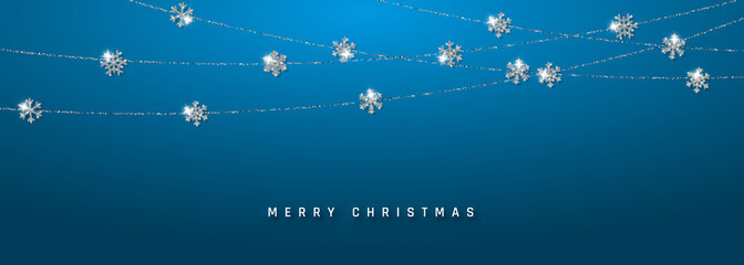 Fototapeta na wymiar Christmas or New Year silver snowflake decoration garland on blue background. Hanging glitter snowflake. Vector illustration