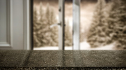 Table with empty space for your product. White open window and wall fragment. Winter landscape with snow and frost.