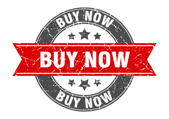 buy now round stamp with red ribbon. buy now