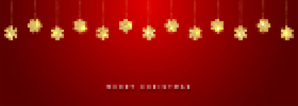 Christmas or New Year golden snowflake decoration garland on red background. Hanging glitter snowflake. Chinese New Year Greeting Card Vector illustration