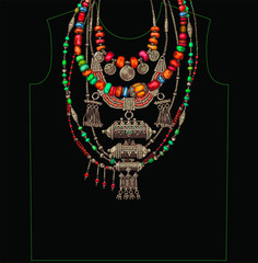 Vector Jewelry. Coral Ethnic Necklaces. Black Background.
