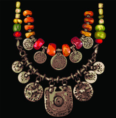 Vector Jewelry. Coral Ethnic Necklaces. Black Background.