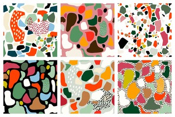 Terrazzo seamless patterns collection with six different artwork, abstract geometric shapes