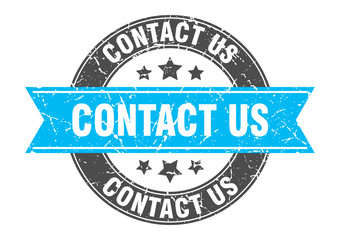 contact us round stamp with turquoise ribbon. contact us
