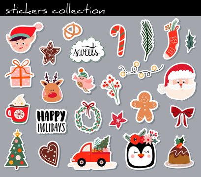 Christmas stickers collection with cute seasonal elements, isolated