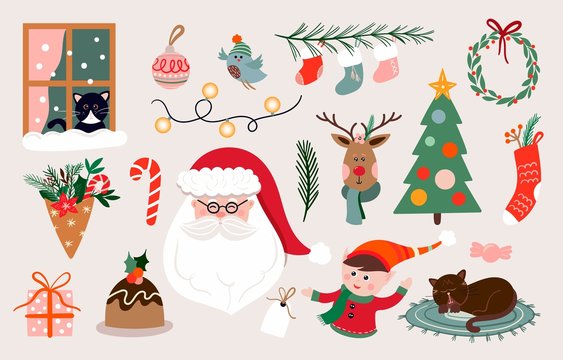 Christmas collection with seasonal elements, cute icons isolated