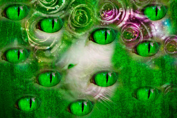 Green background with many cat's eyes