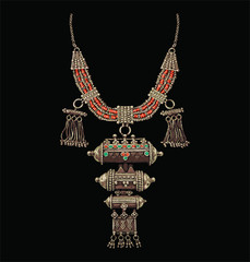 Vector Jewelry. Coral Ethnic Necklaces. Black Background.