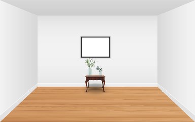 Fototapeta premium picture frame with wooden table in the white room