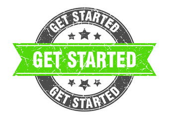 Obraz premium get started round stamp with green ribbon. get started
