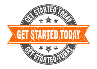 get started today round stamp with orange ribbon. get started today