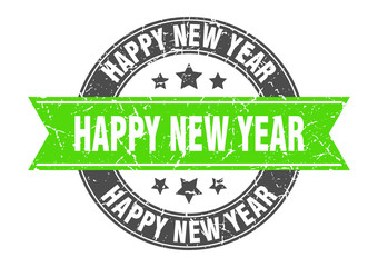 happy new year round stamp with green ribbon. happy new year