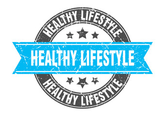 healthy lifestyle round stamp with turquoise ribbon. healthy lifestyle