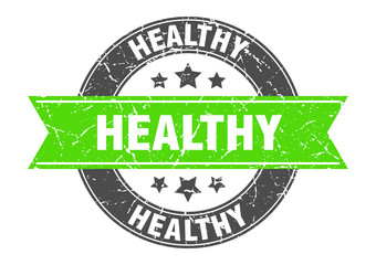 Obraz premium healthy round stamp with green ribbon. healthy