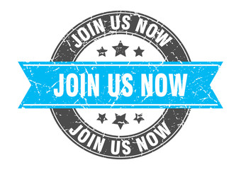 join us now round stamp with turquoise ribbon. join us now