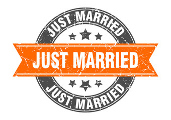 just married round stamp with orange ribbon. just married