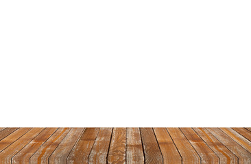 Old vintage brown wood panel tabletop isolated on wihte backgourn empty, blank white copy space. Can be used as wallpaper, ad, banner template design 