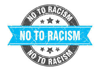 no to racism round stamp with turquoise ribbon. no to racism