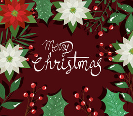 poster of merry christmas with flowers and leafs vector illustration design