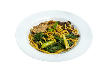 Chinese stir-fried noodles, Shiitake mushrooms, Pork and Cantonese vegetables, Hokkien noodles, Phuket's traditional food. isolated white background.