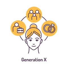 Genaration X color line icon on yellow background. Lifestyle: family welfare, marriage, office work.
