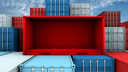 Whole side and empty red container box at cargo freight ship - obrazy, fototapety, plakaty