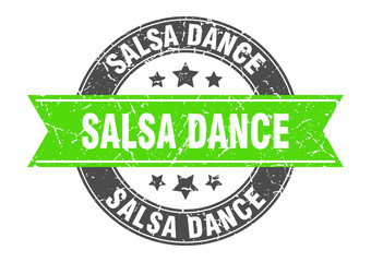 salsa dance round stamp with green ribbon. salsa dance