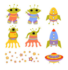 Baby icons set with ufo and aliens