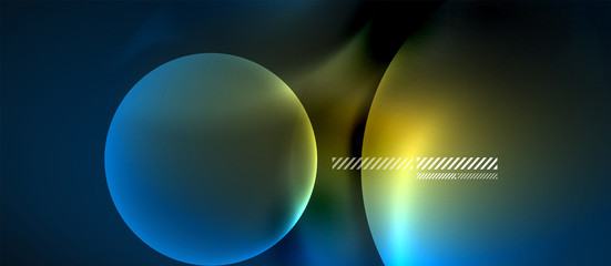 Glowing neon transparent bubbles background. Techno modern circles in dark space.