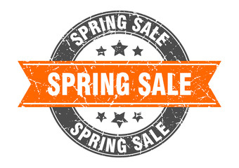 spring sale round stamp with orange ribbon. spring sale