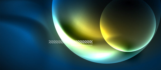 Glowing neon transparent bubbles background. Techno modern circles in dark space.