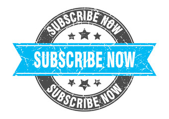 subscribe now round stamp with turquoise ribbon. subscribe now