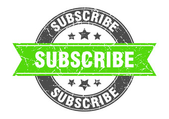 subscribe round stamp with green ribbon. subscribe