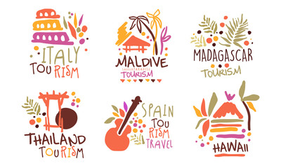 Set of minimalistic logos for a travel agency with the image of the sights of different countries. Vector illustration.