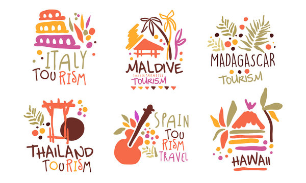 Set of minimalistic logos for a travel agency with the image of the sights of different countries. Vector illustration.