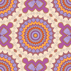 Decorative colorful ethnic seamless pattern for fabric or wrapping in oriental style. Hand drawn illustration