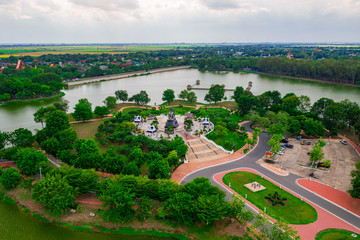 Aerial view of Queen Suriyothai statue monument at Thung Makham Yong park, Ayutthaya Province