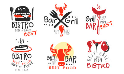 Set of concise black red barbecue logos. Vector illustration.