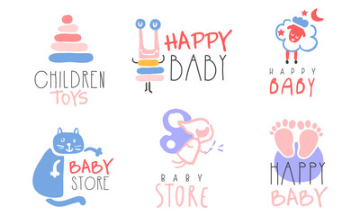 Set of pink and blue labels for the newborn. Vector illustration on a white background.