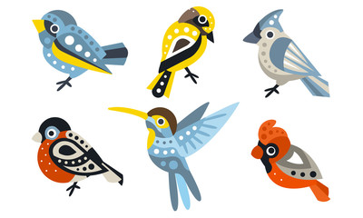 Set of different geometric birds. Vector illustration on a white background.