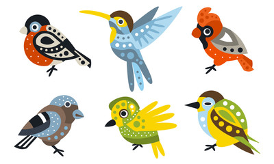 Set of stylish birds of different species. Vector illustration on a white background.