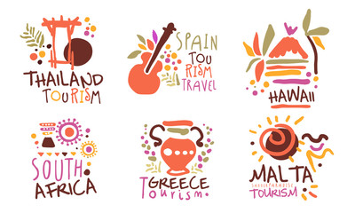 Set of red black logos for travel. Vector illustration on a white background.