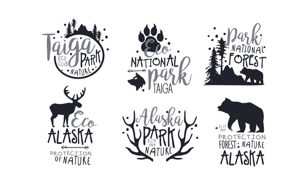 Set of black logos in support of forest protection. Vector illustration.