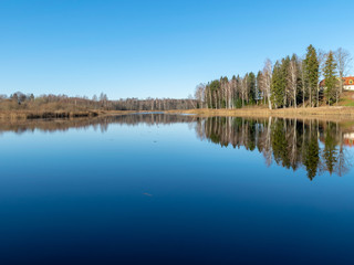 Fototapeta na wymiar peaceful landscape with trees reflections in the still lake waters on sunny autumn morning, latvia
