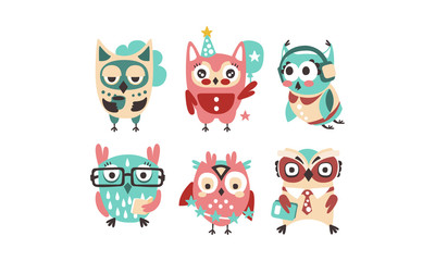Cute pink and blue owls with accessories. Vector illustration on a white background.