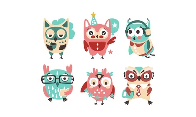 Fotobehang Cute pink and blue owls with accessories. Vector illustration on a white background. © topvectors