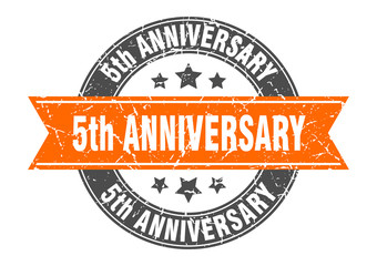 5th anniversary round stamp with orange ribbon. 5th anniversary