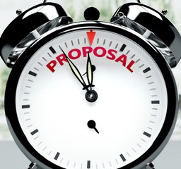 Proposal soon, almost there, in short time - a clock symbolizes a reminder that Proposal is near, will happen and finish quickly in a little while, 3d illustration